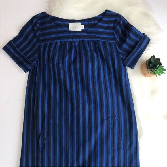 Anthropologie HD In Paris Blue Cerulean Stripe Dress Boho Feminine Contemporary - Picture 3 of 16